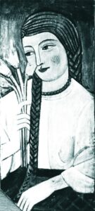 Дівчина з косою і квітами. Фоторепродукція