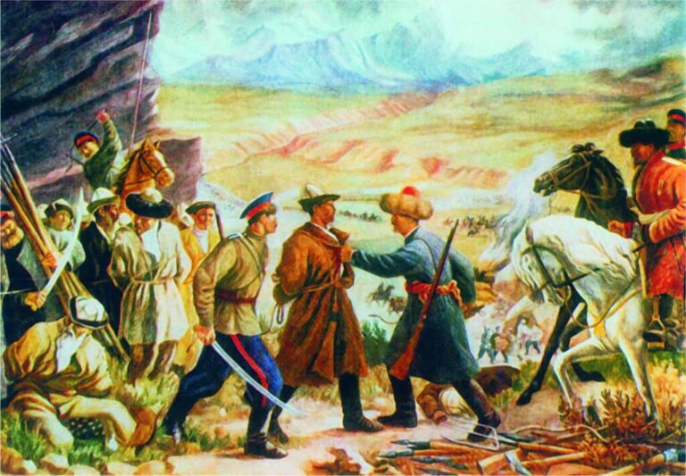 Киргизьке повстання 1916 року. Розпис у павільйоні Киргизької РСР на Всесоюзній сільськогосподарській виставці у Москві. Фоторепродукція