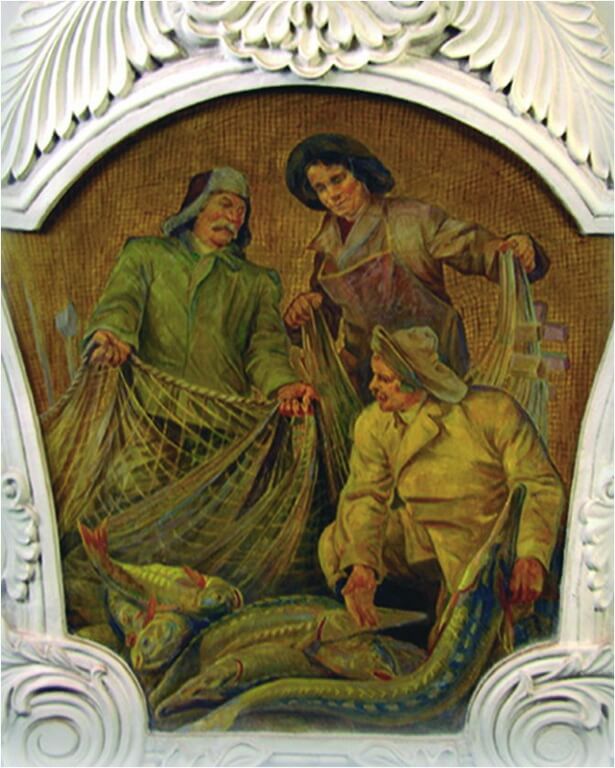 Рибалки з неводом. Мозаїка підземної станції «Київська кільцева» Московського метрополітену.